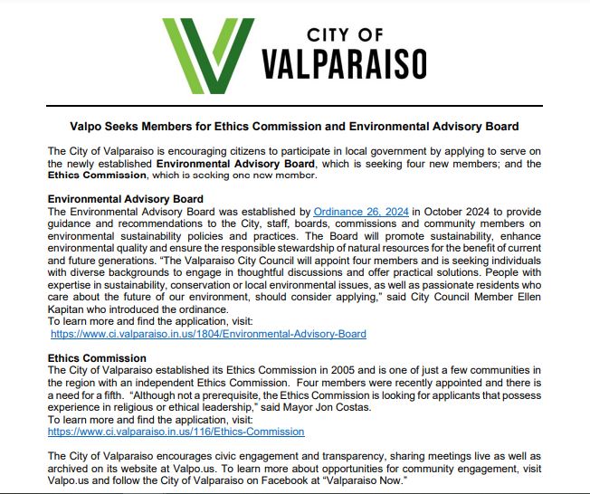 Valpo Seeks Members for Ethics Commission and Environmental Advisory Board